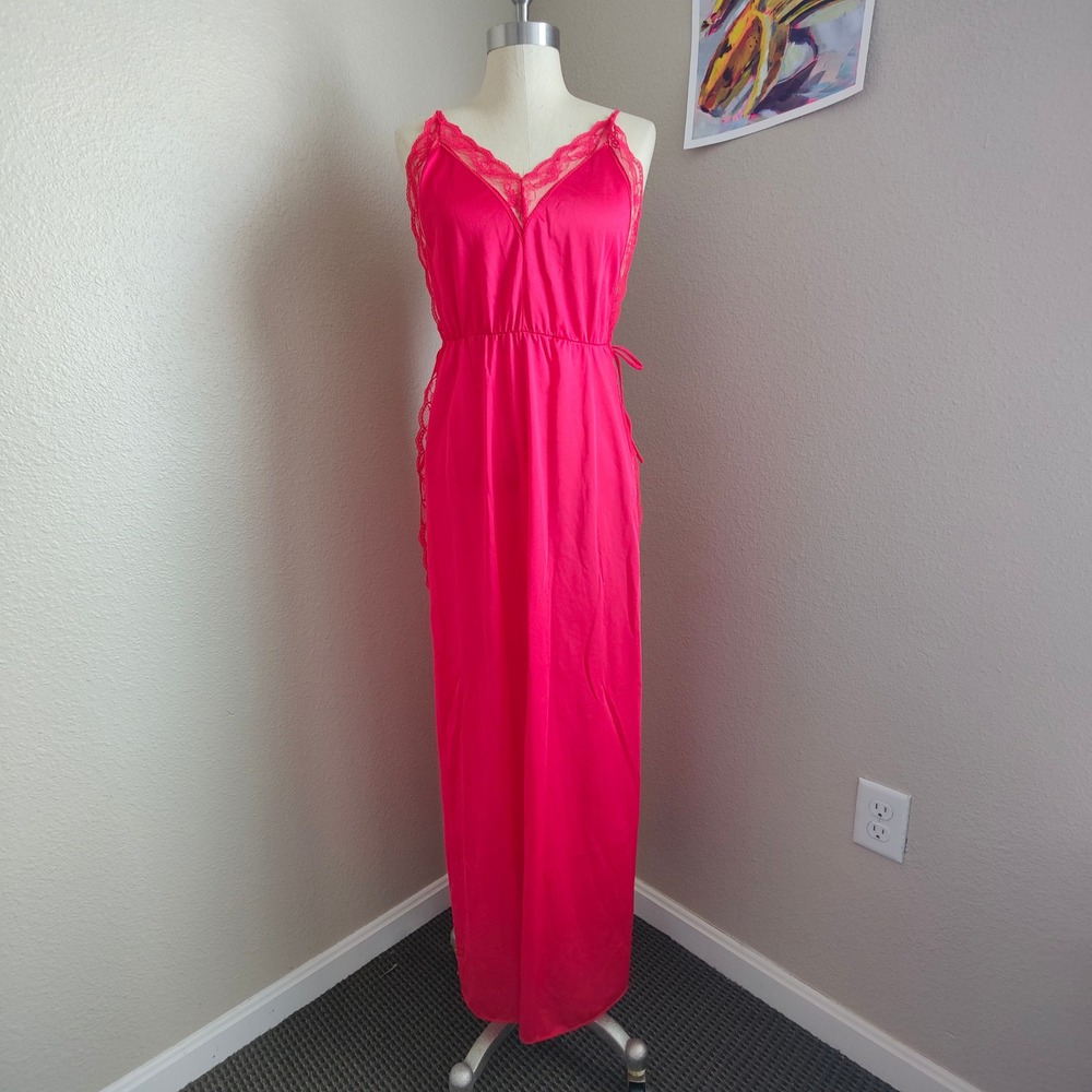 Vintage 80s Red Satin Lace Trim Maxi Nightgown High‎ Slit Open Side Tie Lingerie